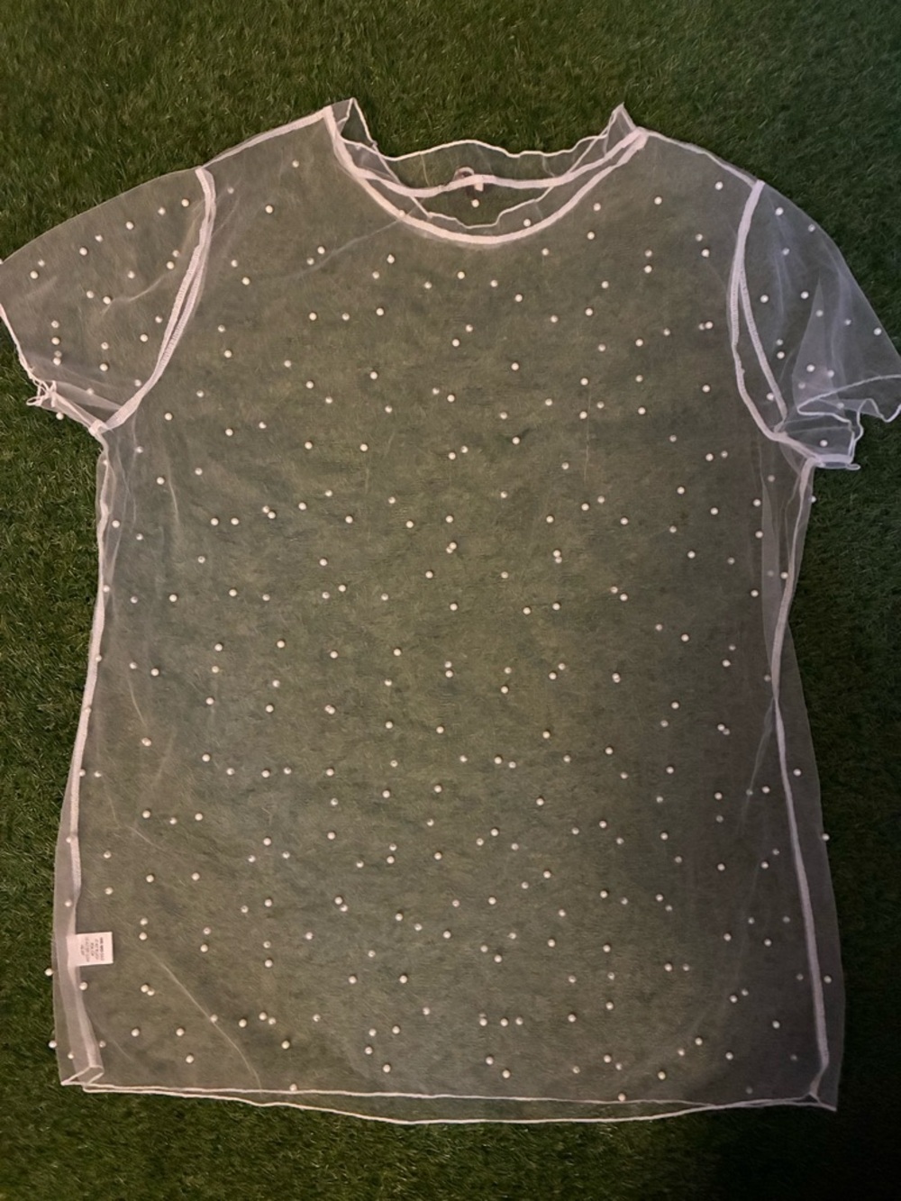 Sheer White Pearl-Embellished Mesh Tee - Picture 5 of 5